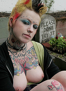 BlueBlood BarelyEvil tattoo alt babe Hot tattooed punk babe by gravestone